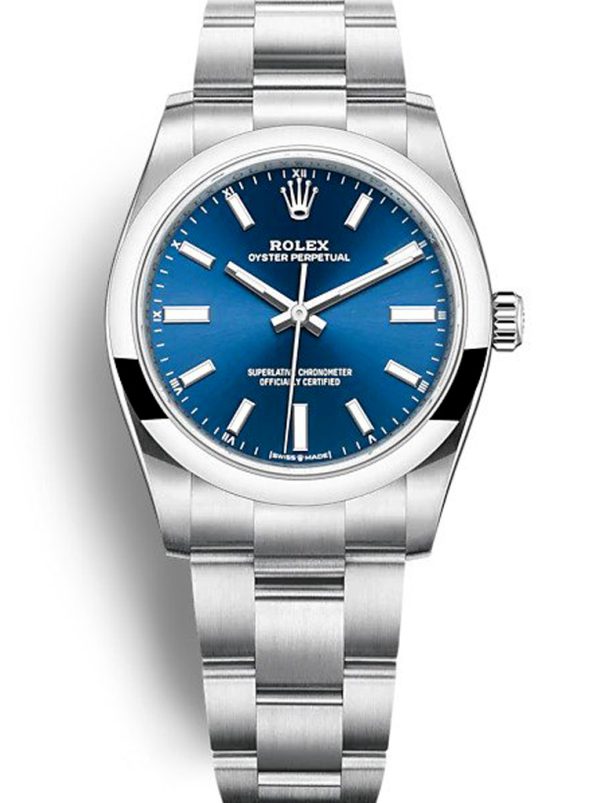 Replica Rolex Oyster Perpetual Lady 34mm Blue Dial 124200 - High Quality Luxury Women's Automatic Watch